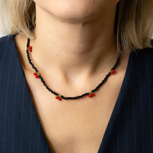 ZENNA || Black Beads and Cherries Necklace