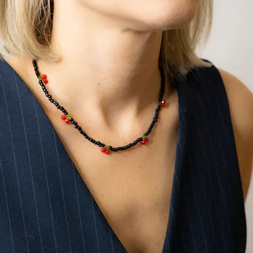 ZENNA || Black Beads and Cherries Necklace