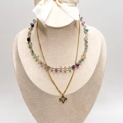 Double Necklace with Green Stones and Clover