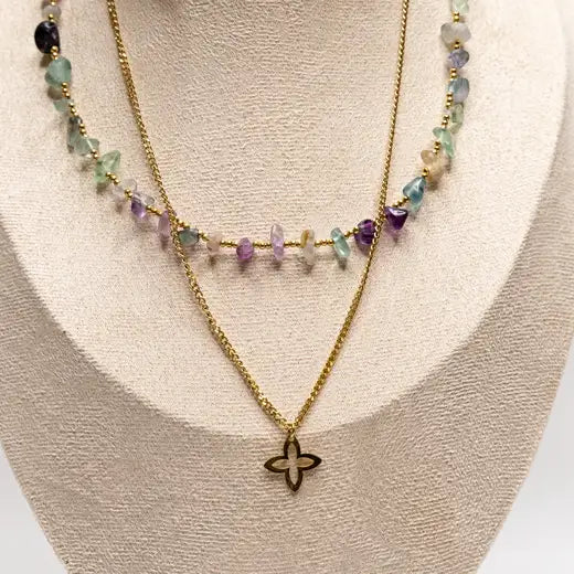 Double Necklace with Green Stones and Clover