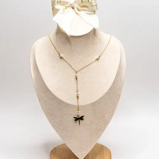Dragonfly Lasso Necklace with Pearls