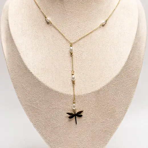 Dragonfly Lasso Necklace with Pearls
