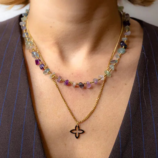 Double Necklace with Green Stones and Clover