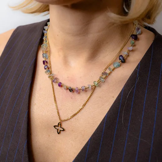 Double Necklace with Green Stones and Clover