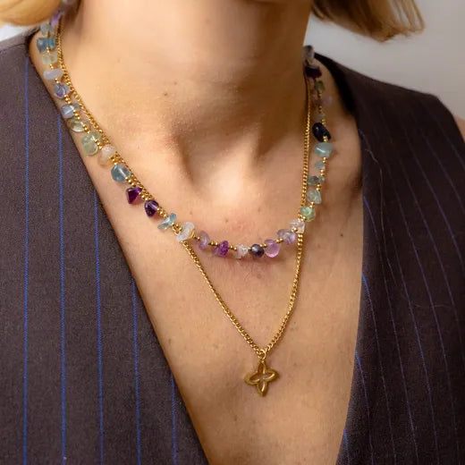 Double Necklace with Green Stones and Clover