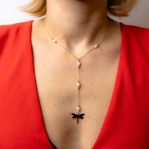 Dragonfly Lasso Necklace with Pearls