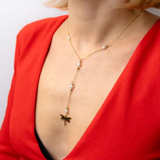 Dragonfly Lasso Necklace with Pearls