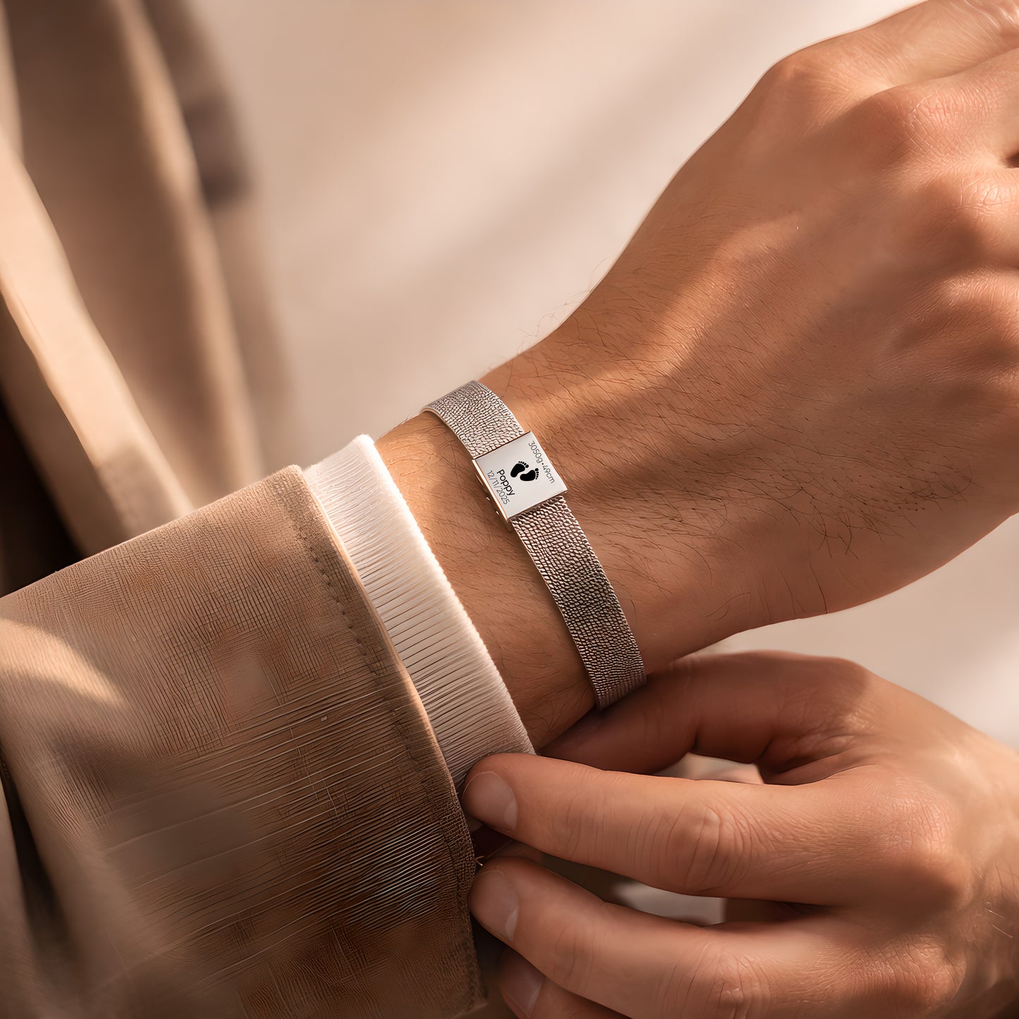 Close-up of a wrist wearing a silver bracelet with a neutral background