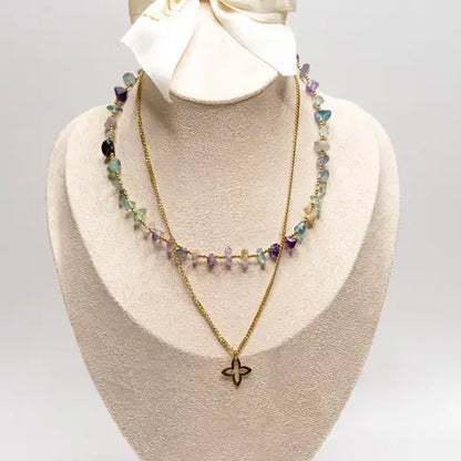 Double Necklace with Green Stones and Clover