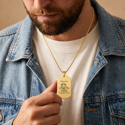 Gold personalised baby keepsake necklace worn on model, engraved with baby name Violet, birth weight, height, date and time.