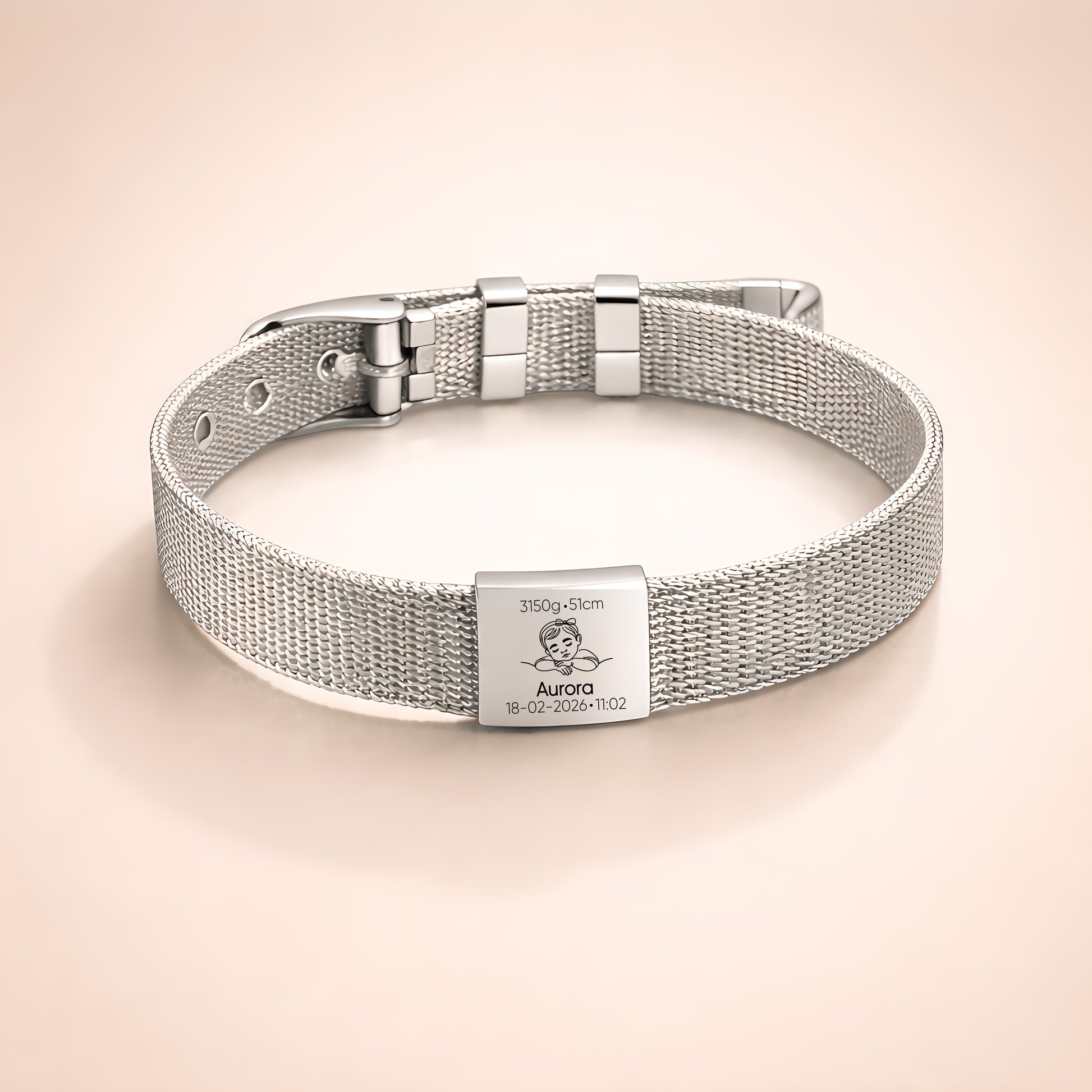 Luxury personalised baby memory bracelet with custom engraving and stainless steel mesh strap