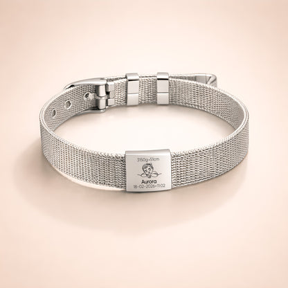 Luxury personalised baby memory bracelet with custom engraving and stainless steel mesh strap