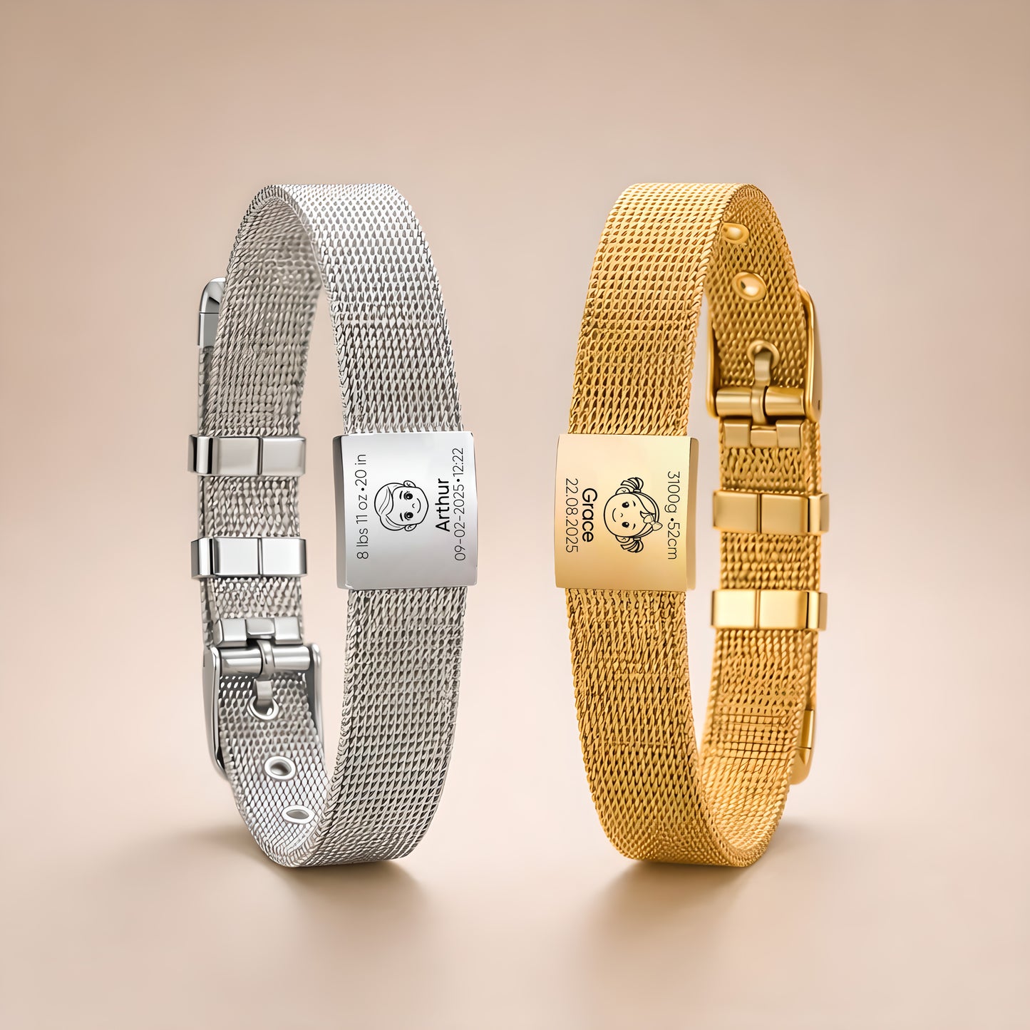 Gold and silver mesh bracelets on a beige background