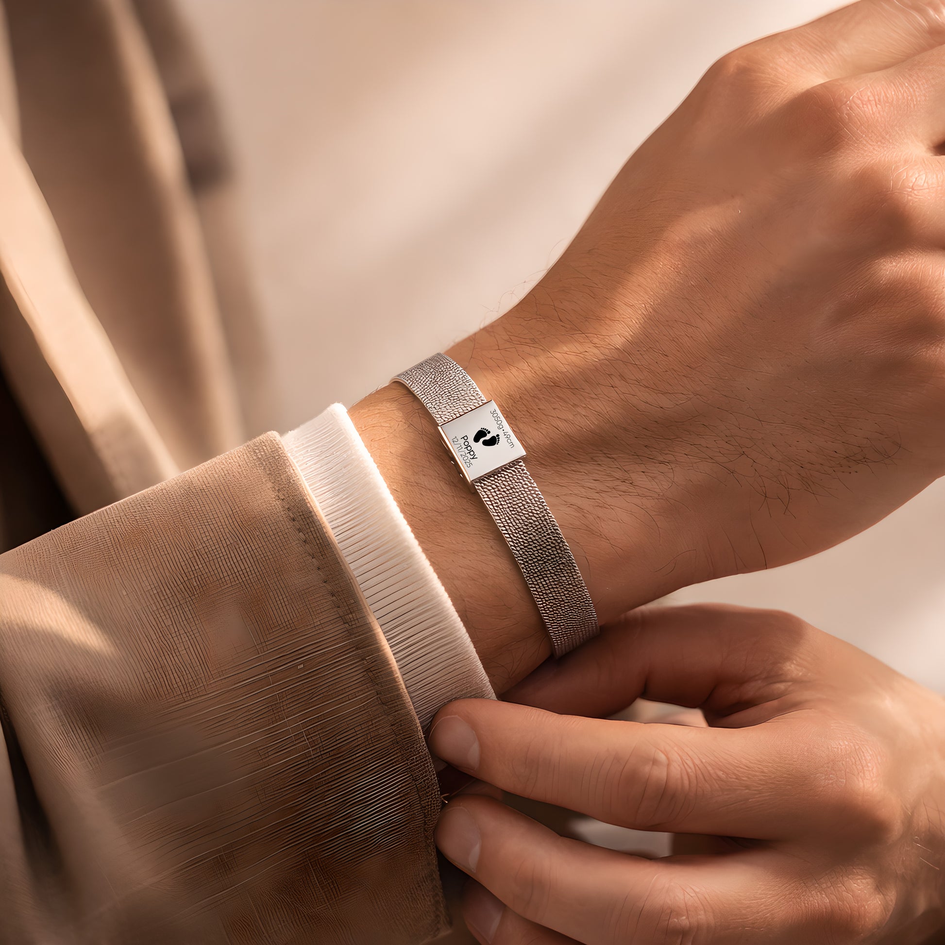 Close-up of a wrist wearing a silver bracelet with a neutral background