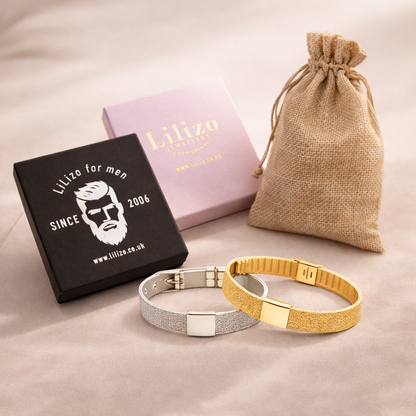 Gold personalised baby name bracelet with custom birth details engraving on elegant mesh band