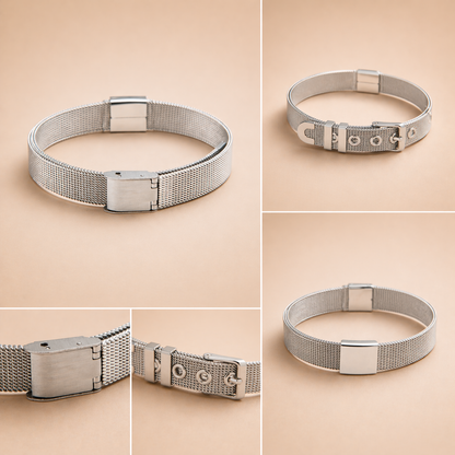 Custom engraved baby name bracelet in silver with adjustable buckle and premium mesh design