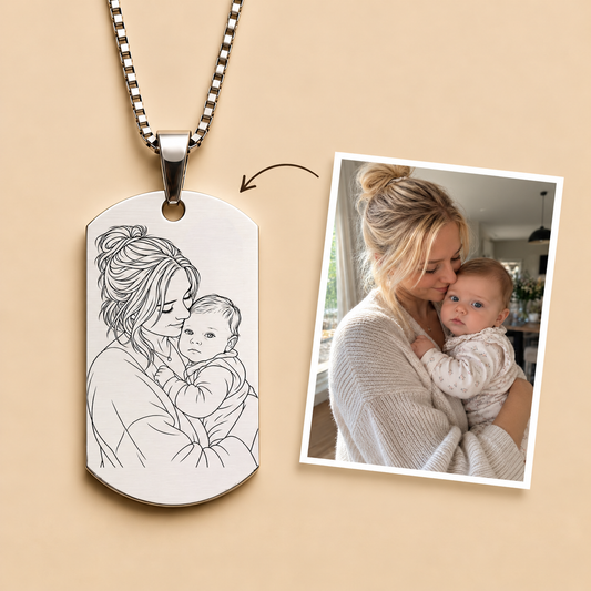 Silver AMARA outline necklace with mother and baby line art portrait engraving