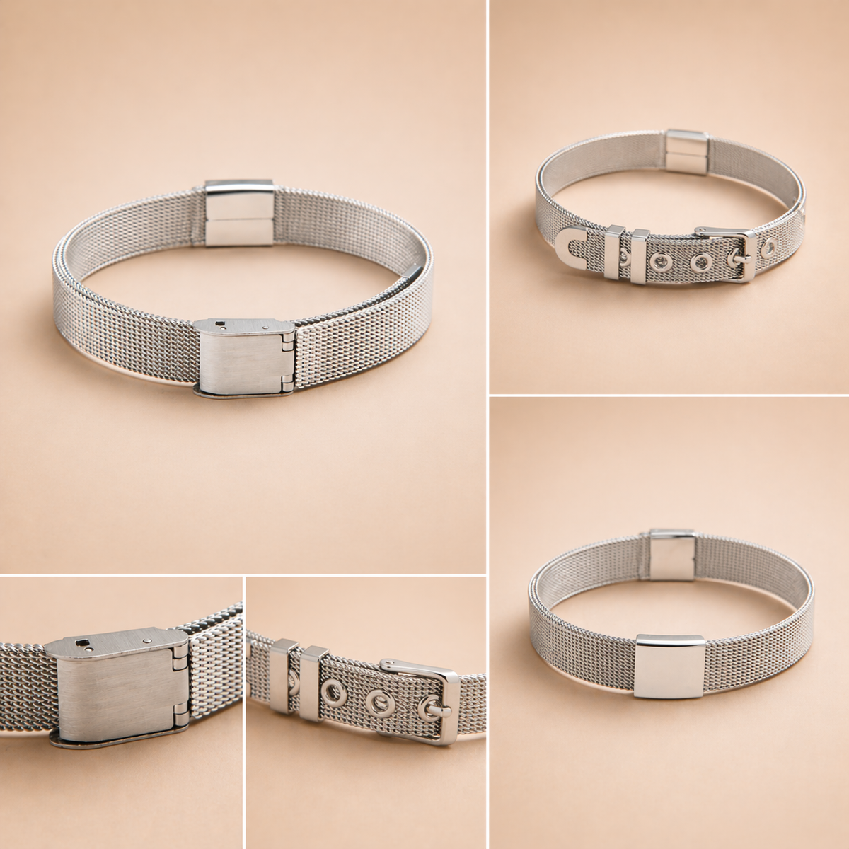 Collage of a silver mesh dog collar on a beige background