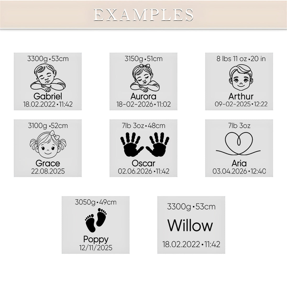 A product display sheet showing seven personalized baby name and date-of-birth sample placenta stone designs under the heading 'EXAMPLES'. The designs feature black line art and text on light gray square tiles, including baby portraits, handprints, and footprints, with names like Gabriel, Aurora, Arthur, Grace, Oscar, Aria, Poppy, and Willow.