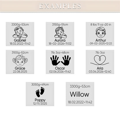 A product display sheet showing seven personalized baby name and date-of-birth sample placenta stone designs under the heading 'EXAMPLES'. The designs feature black line art and text on light gray square tiles, including baby portraits, handprints, and footprints, with names like Gabriel, Aurora, Arthur, Grace, Oscar, Aria, Poppy, and Willow.
